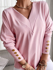 Long Sleeves Loose Buttoned V-Neck T-Shirts Tops