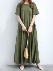 Simple Loose Short Sleeves Solid Color Round-Neck Maxi Dresses