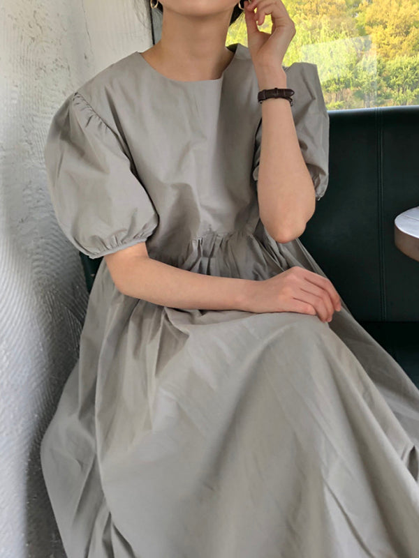 Original Loose Solid Color Pleated Puff Sleeves Midi Dress