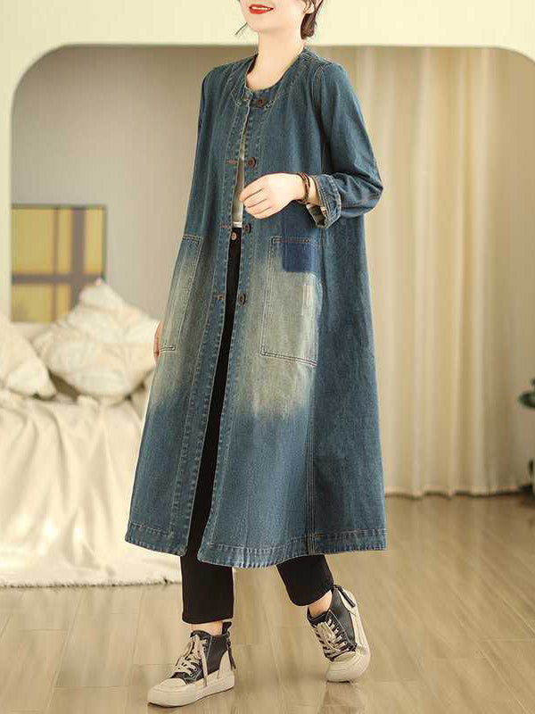 A-Line Long Sleeves Buttoned Pockets Round-Neck Midi Dresses Outerwear