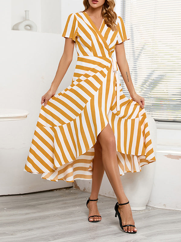 High-Low Loose Split-Joint Striped Tied V-Neck Maxi Dresses