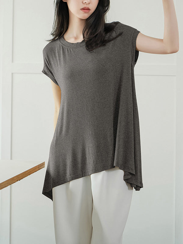 High-Low Loose Asymmetric Solid Color Round-Neck T-Shirts Tops