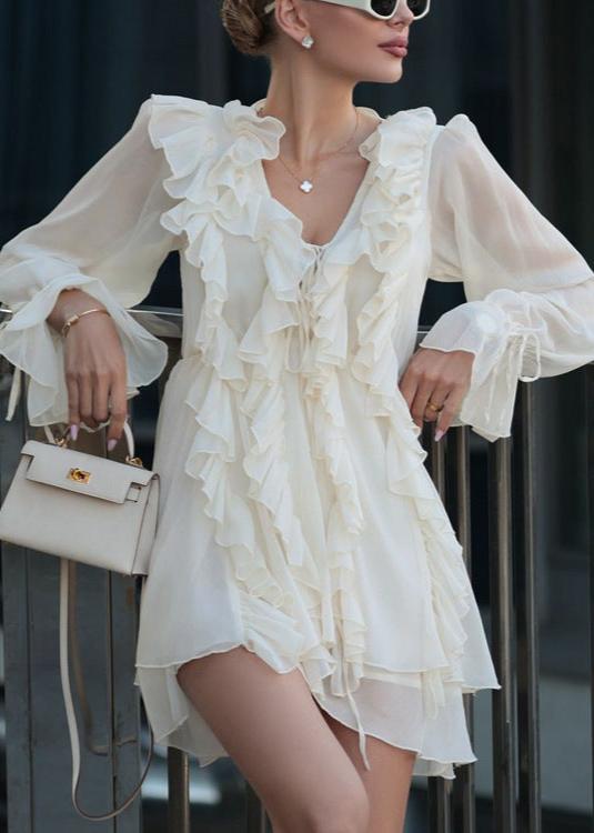 Ruffled V-Neck Long Sleeve A-Line Dress