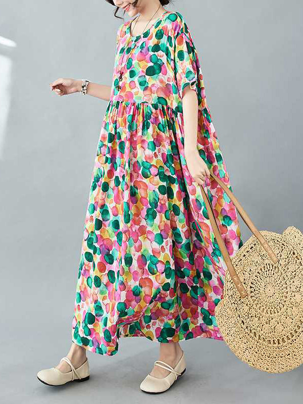 Half Sleeves Loose Pleated Polka-Dot Printed Split-Joint Round-Neck Midi Dresses