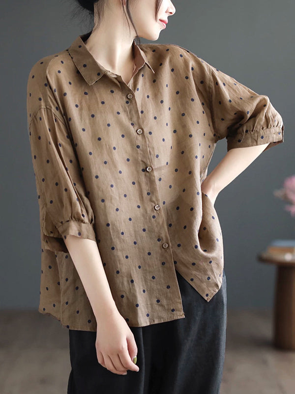 Half Sleeves Loose Polka-Dot Lapel Blouses&Shirts Tops