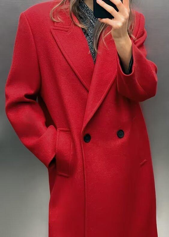 Scarlet Elegance Double-Breasted Overcoat