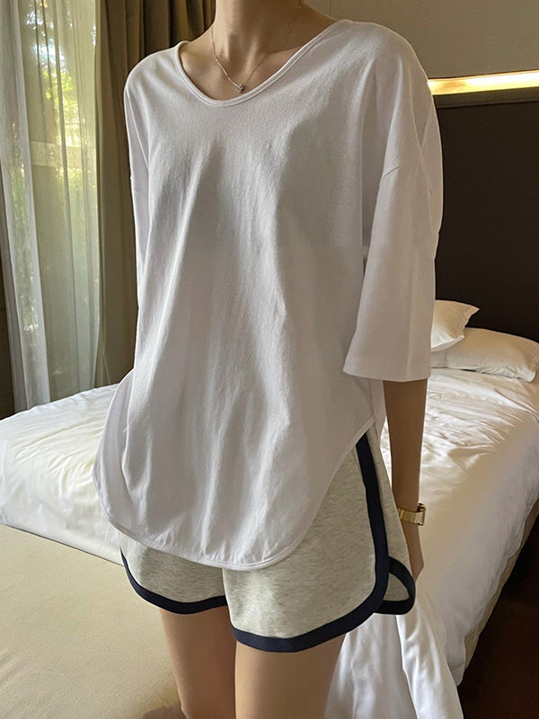 Casual Loose Split-Side Solid Color V-Neck T-Shirts Tops