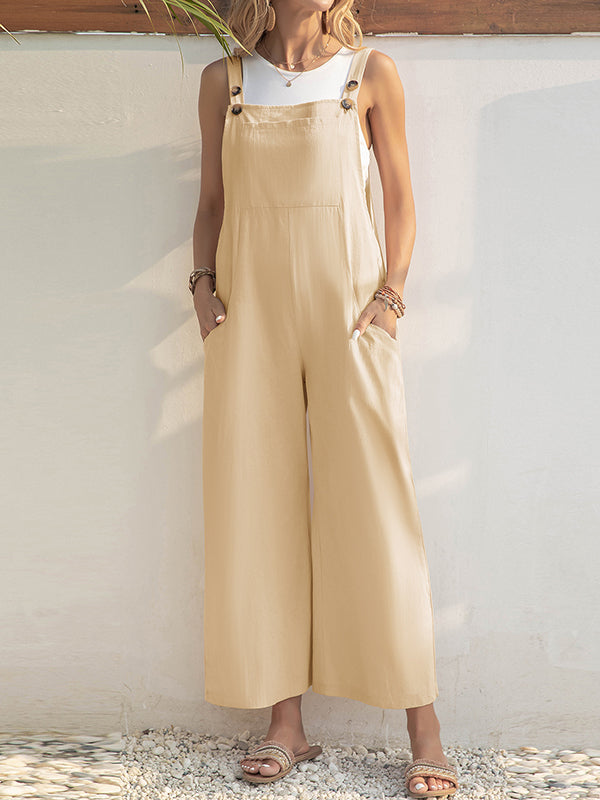 Loose Wide Leg Solid Color Square-Neck Overalls