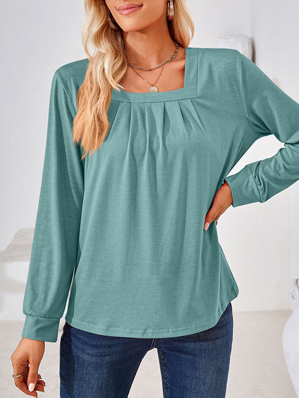 Long Sleeves Loose Pleated Solid Color Square-Neck T-Shirts Tops