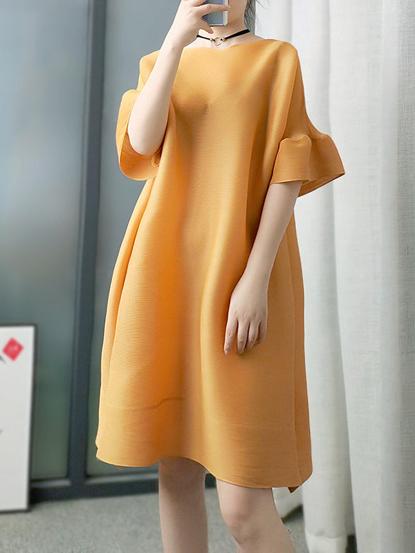 Stylish Selection Flared Sleeves A-Line Pleated Solid Color Round-Neck Midi Dresses