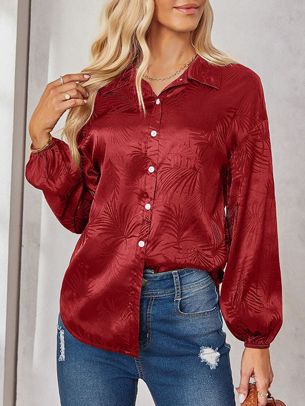 Loose Puff Sleeves Jacquard Split-Joint Lapel Blouses