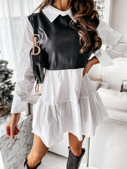 Long Sleeves Loose Contrast Color Pleated Split-Joint Lapel Mini Dresses