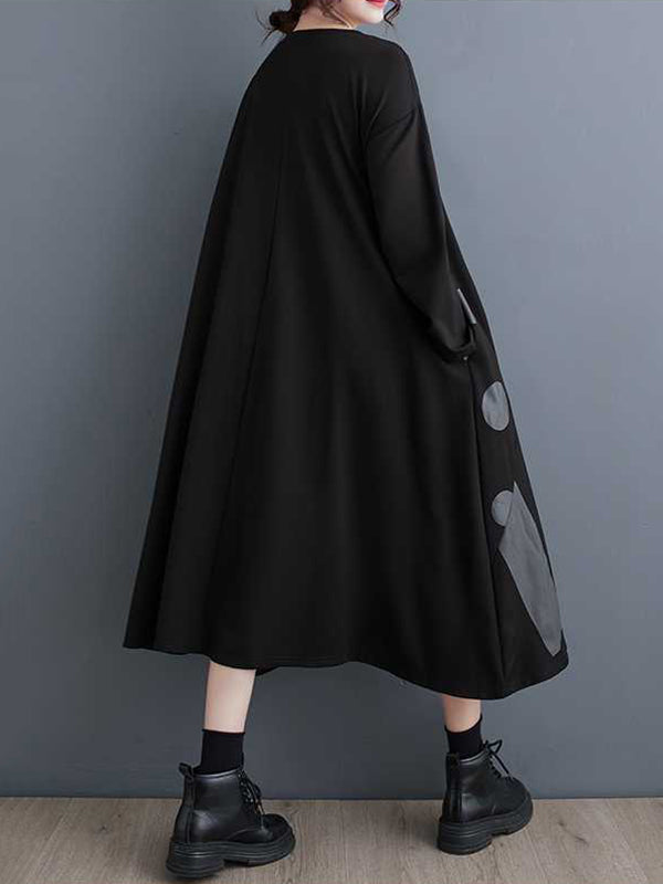 A-Line Long Sleeves Asymmetric Polka-Dot Split-Joint Striped Round-Neck Midi Dresses