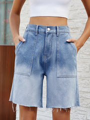 Loose Buttoned Elasticity Fringed Pockets Split-Joint Denim Shorts