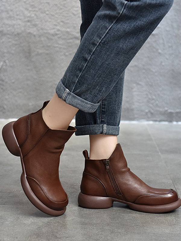 Round-Toe Solid Color Zipper Boots