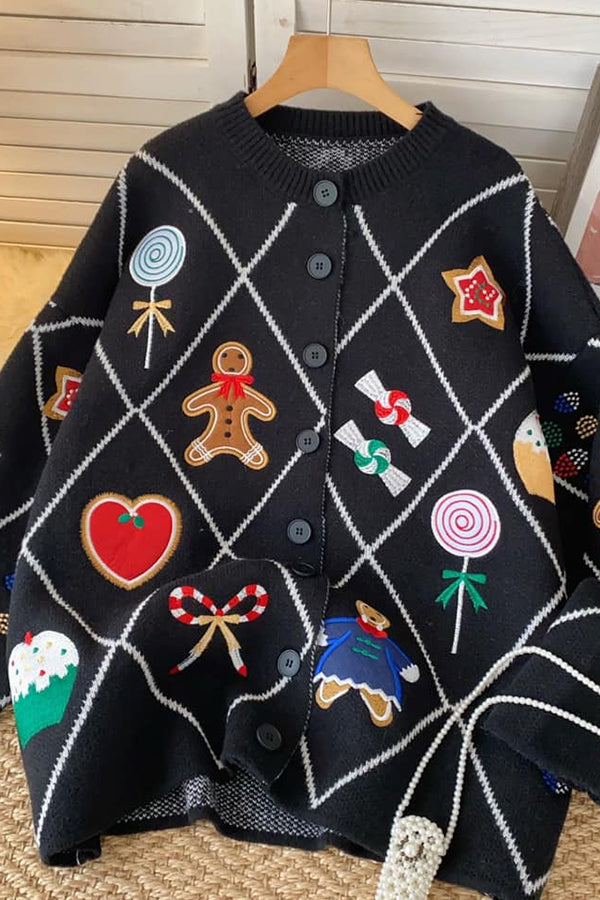 Argyle Candy Gingerbread Man Embroidered Button-knit Cardigan