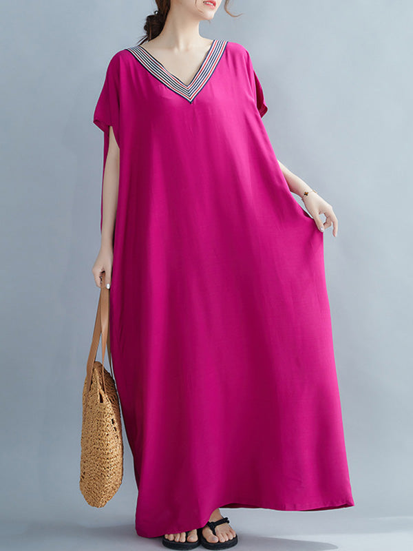 Casual Artistic Retro Striped V-Neck Short Sleeves Maxi Dress