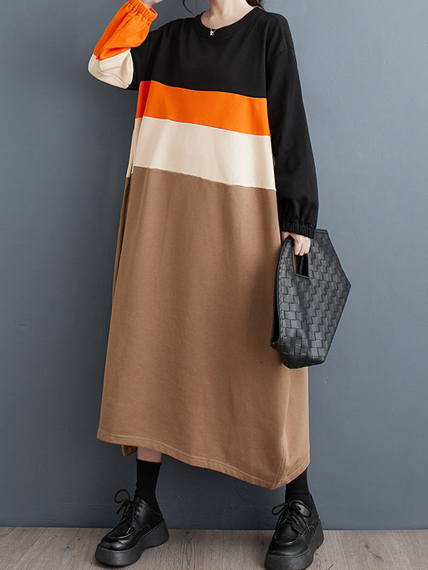 A-Line Long Sleeves Contrast Color Elasticity Split-Joint Round-Neck Midi Dresses