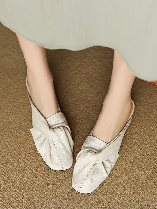 Hollow Pleated Round-Toe Split-Joint Slippers&Mules