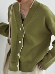 Casual Loose Long Sleeves Buttoned Contrast Color V-Neck Cardigan Tops