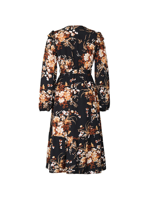 Loose Puff Sleeves Flower Print Pleated Split-Joint Tied Waist V-Neck Midi Dresses Shirt Dress