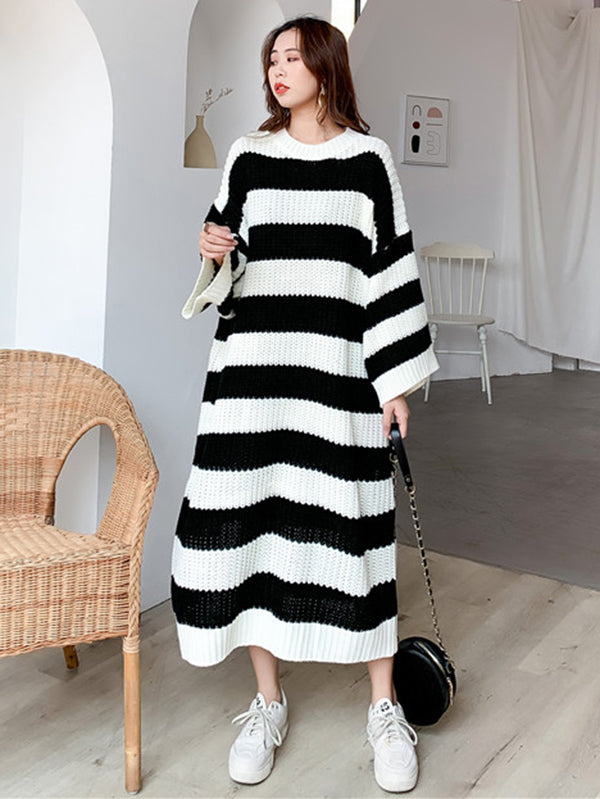 Stylish Loose Striped Round-Neck Sweater Dresses