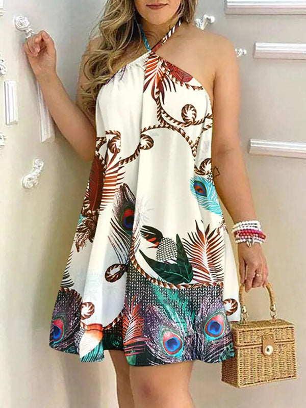 Loose Sleeveless Contrast Color Printed Halter-Neck Mini Dresses