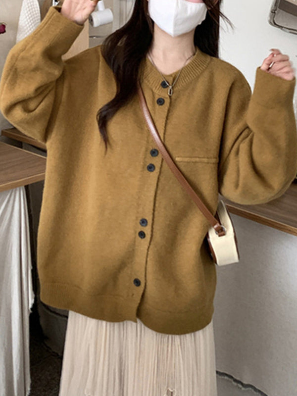 Long Sleeves Loose Buttoned Round-Neck Cardigan Tops