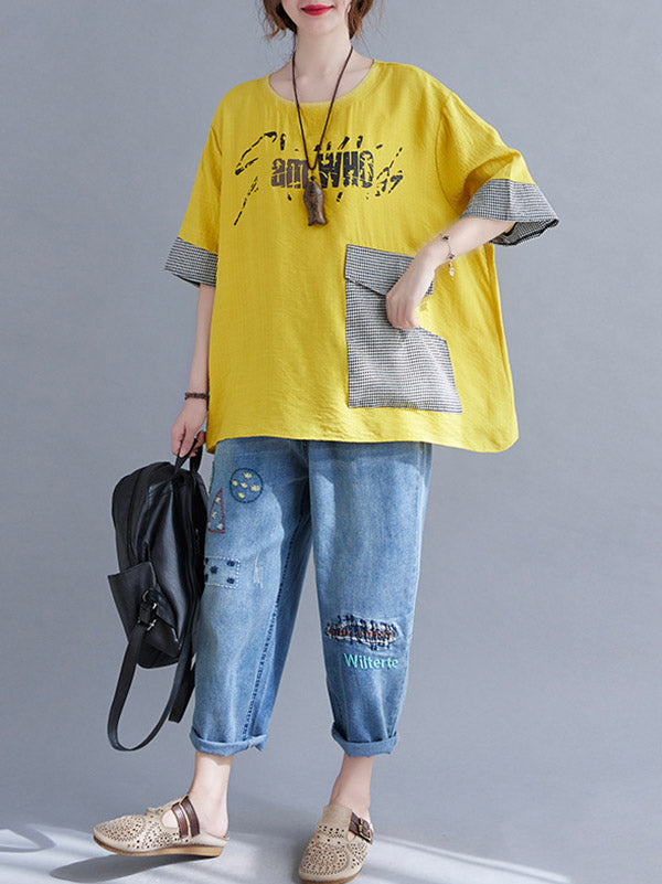 Original Letter Print Split-Joint Round-Neck T-Shirts Tops