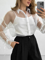 Long Sleeves Loose Buttoned Drawstring See-Through Lapel Blouses&Shirts Tops