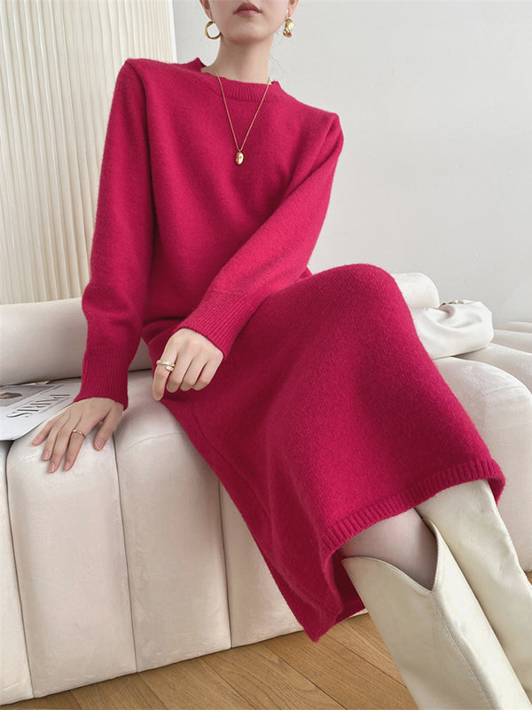 Urban Loose Long Sleeves Solid Color Round-Neck Sweater Dresses