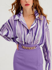 Long Sleeves Loose Contrast Color Striped Lapel Blouses