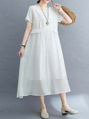 Loose Short Sleeves Gauze Solid Color Split-Joint Round-Neck Midi Dresses