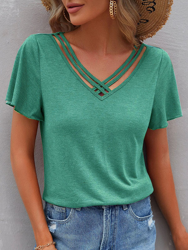 Loose Plus Size Hollow Solid Color Split-Joint V-Neck T-Shirts Tops