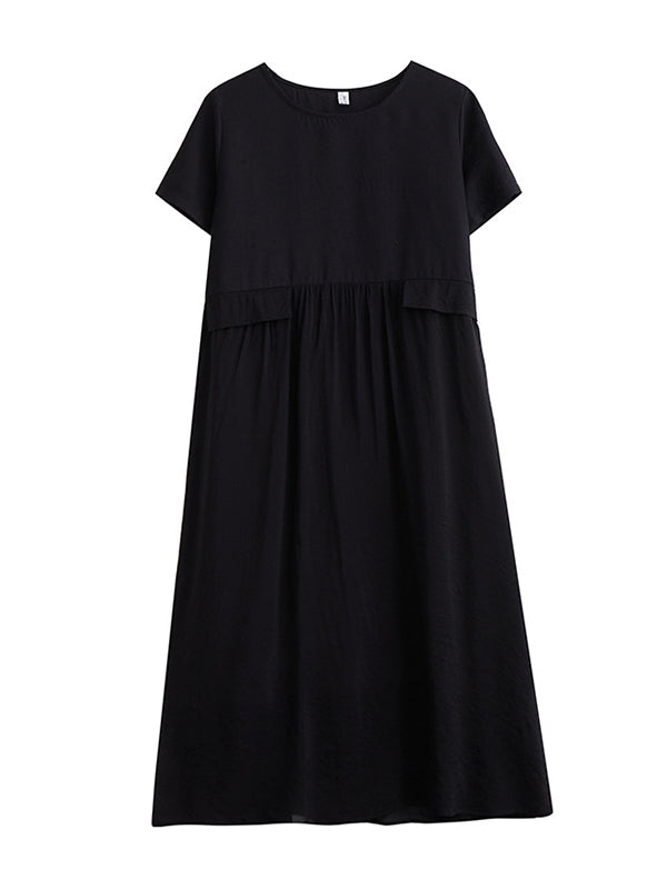 Loose Short Sleeves Gauze Solid Color Split-Joint Round-Neck Midi Dresses