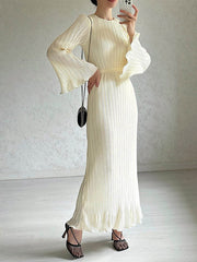 Flared Sleeves Long Sleeves Pleated Solid Color Round-Neck Maxi Dresses