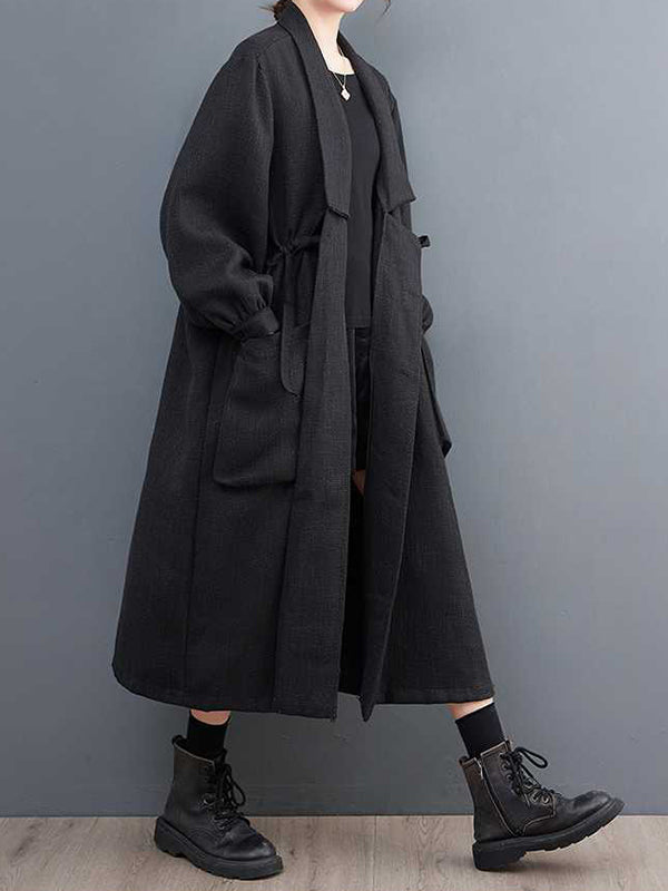 Long Sleeves Loose Drawstring Pockets Lapel Trench Coats