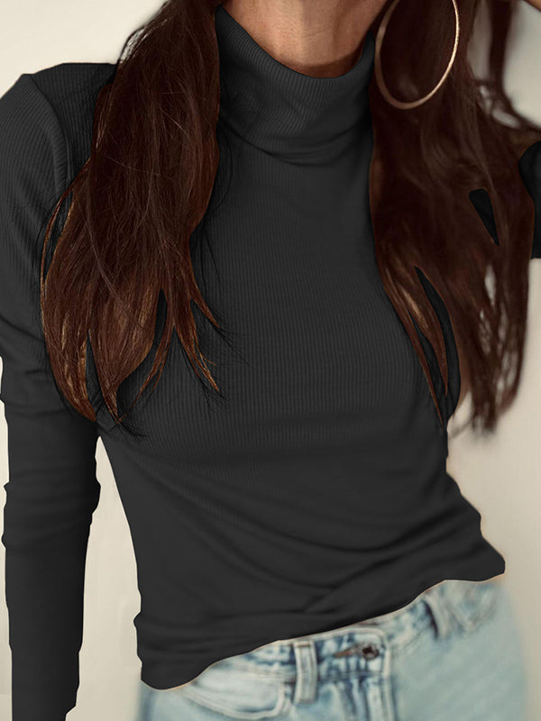 Long Sleeves Skinny Solid Color Split-Joint Mock Neck T-Shirts Tops