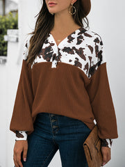 Long Sleeves Loose Buttoned Leopard Printed Split-Joint V-Neck T-Shirts Tops