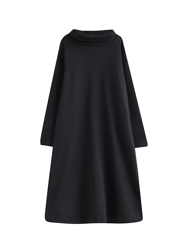 A-Line Long Sleeves Pockets Solid Color Split-Side Velvet High Neck Midi Dresses