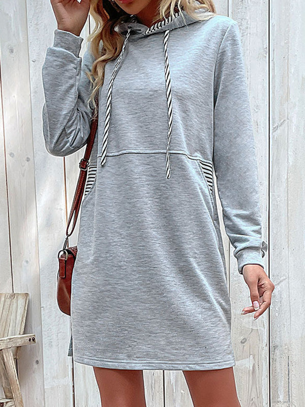 A-line Long Sleeves Drawstring Pockets Hooded Hoodies Tops Mini Dresses