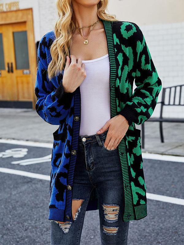 Urban Loose Long Sleeves Printed Leopard V-Neck Cardigan Tops