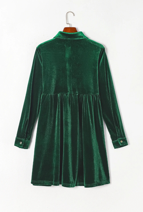 Green Long Sleeve Ruffle Velvet Button Up Shirt Dress