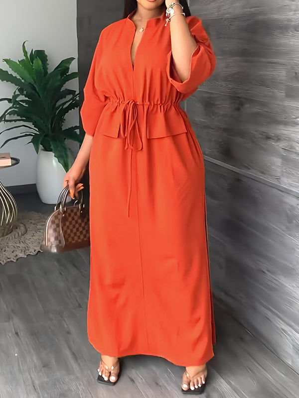 Loose Drawstring Solid Color Split-Side V-Neck Maxi Dresses