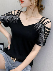 Loose Raglan Sleeve Hollow Rhine Stones Solid Color Split-Joint V-Neck T-Shirts Tops