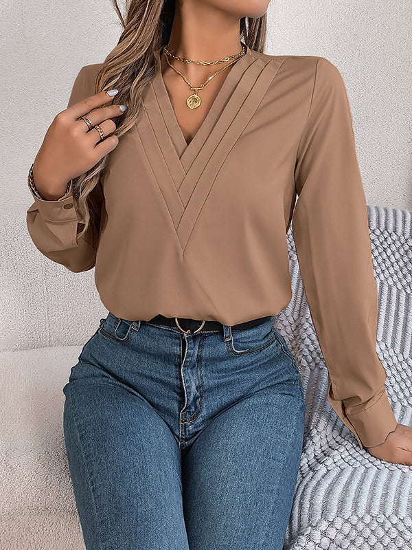 Long Sleeves Loose Pleated Solid Color Split-Joint V-Neck T-Shirts Tops