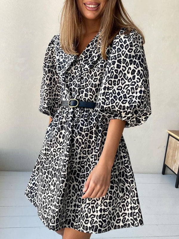 A-Line Half Sleeves Buttoned Elasticity Leopard No Belt Zipper Lapel Mini Dresses