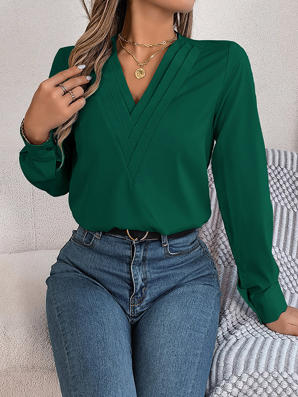 Long Sleeves Loose Pleated Solid Color Split-Joint V-Neck T-Shirts Tops