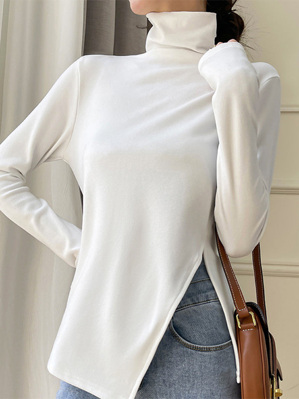 Casual Skinny Long Sleeves Split-Side Solid Color High-Neck T-Shirts Tops