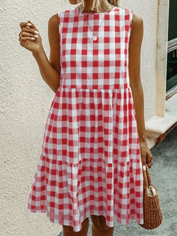 Loose Sleeveless Hollow Plaid Pleated Split-Joint Round-Neck Mini Dresses